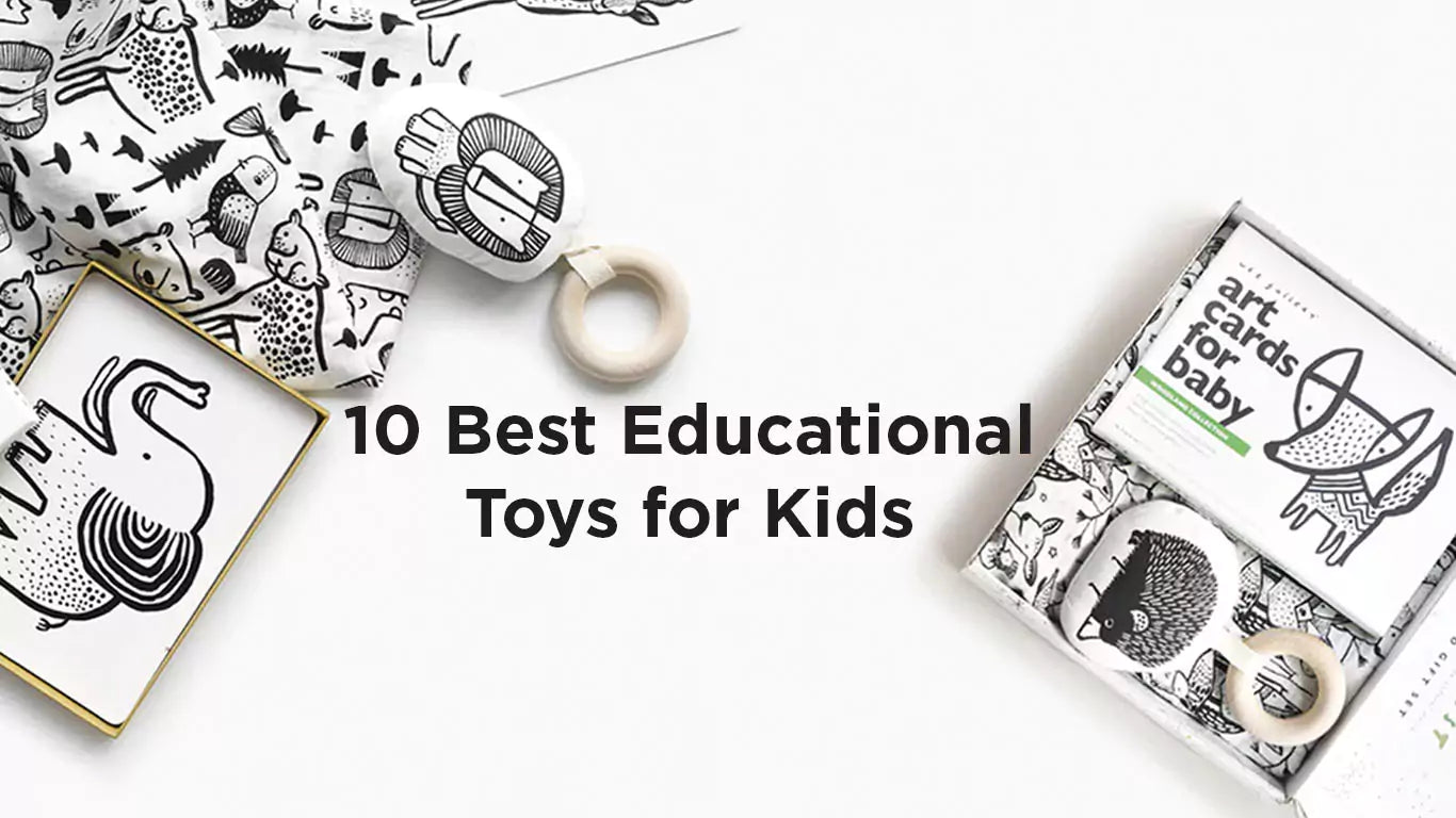 A banner with a range of toys to help youngsters learn and develop, like a shape sorter and a set of wooden blocks, and written 10 Best Educational Toys for Kids