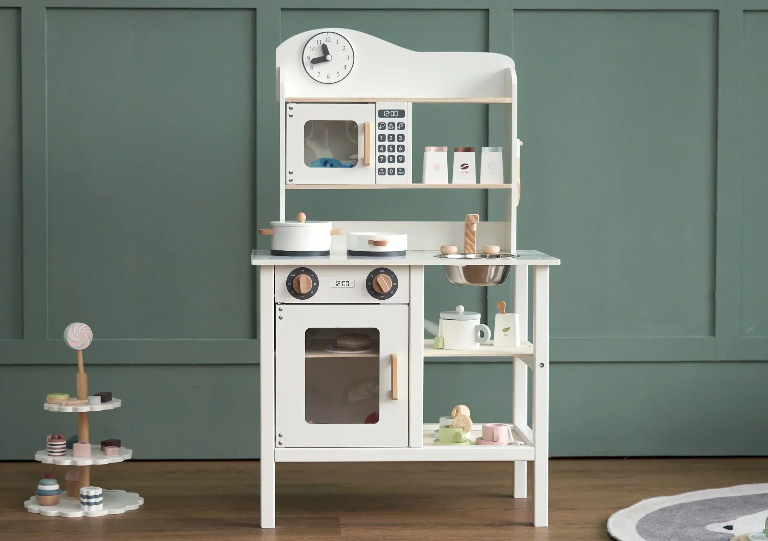 wooden white play kitchen with wooden accessories