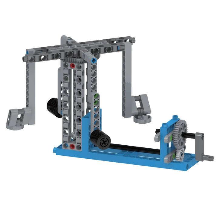 Lego set featuring a swinging arm and gears, for science experiments or imaginative play.