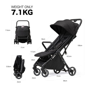 Allsi baby stroller folded and unfolded dimensions on a white background.