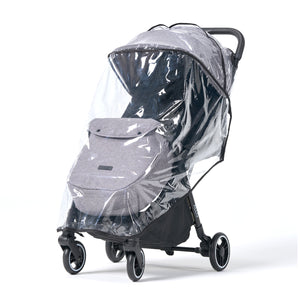 A grey stroller with a clear rain cover and footmuff on a white background