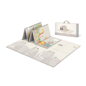 A children's floor mat play set shown open on a white background, with folded panels displaying colorful animal and nature illustrations, plus a matching storage box with a handle.