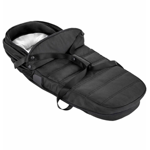 Angled overhead view of the Jet Black Baby Jogger City Tour 2 Carrycot displaying the attached foot cover and carry handles.
