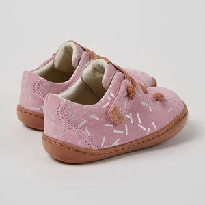 Back view of the Camper peu cami baby pink shoes.