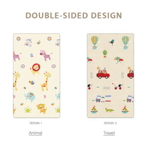 Close-up detail showing the crisp printed graphics of an elephant and a plane, along with the durable stitched edging of the Allis Play Mat.