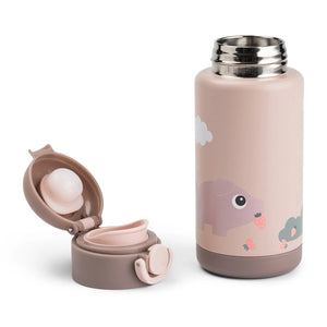Water bottle with a press-button lid designed for small fingers.