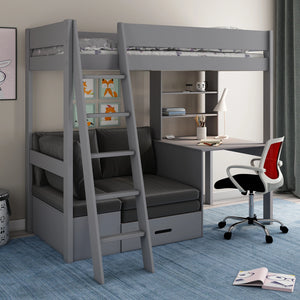 A gray Estella bunk bed with a sofa bed and desk, placed in a room with a light decor. The bunk bed has a ladder, and the futon is pulled out to show the sleeping space.