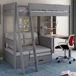 A gray Estella bunk bed with a sofa bed and desk, placed in a room with a light decor. The bunk bed has a ladder, and the futon is pulled out to show the sleeping space.