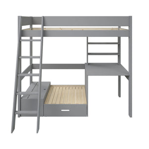 Close-up of the Estella's desk area with a child doing homework, emphasizing the shelves and built-in storage.