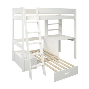 White highsleepers with Pull-out bed extended with futon ready for a sleepover
