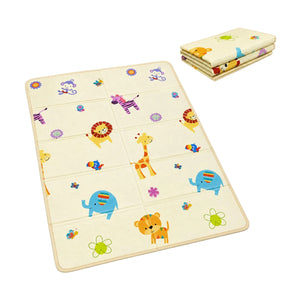 Top-down view of the fully opened Allis Double Sided Play Mat showing the animal pattern, placed next to its compact folded state.
