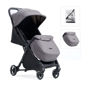 Grey Flick auto-fold stroller, complete with a grey footmuff and rain cover.