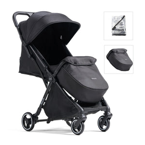 Black Flick auto-fold pushchair, complete with a footmuff and rain cover.
