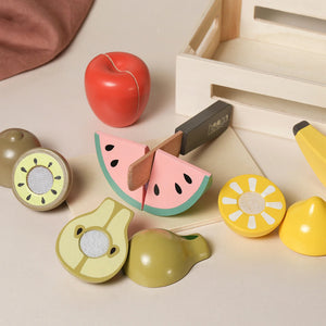 Wooden fruit toys set with painted fruits, a toy knife, and a basket for imaginative play.