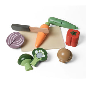 High-quality non-toxic wooden play food set with a storage basket and knife.