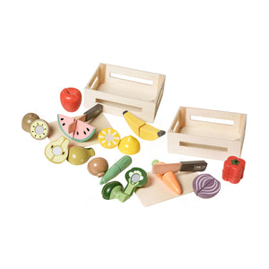 Hooga Wooden Play Food Cutting Set Bundle with Crates