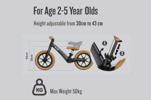 Image showing ride height adjustment for the allis lumi balance bike when seat height is increased from 30cm to 43cm