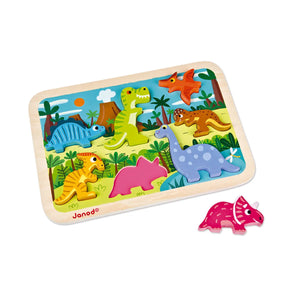 A colorful wooden dinosaur puzzle with seven 3D pieces designed for young children, featuring various dinosaurs and a prehistoric animal on a wooden board.