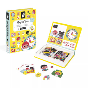 Janod Magnetibook Learn To Tell The Time open book case with magnetic pieces, clock face and activity cards