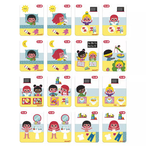 Janod Magnetibook Learn To Tell The Time double-sided activity cards showing 16 daily time scenes