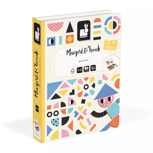 Janod Magnetibook Moduloform model cards and open play book with loose geometric magnetic pieces displayed