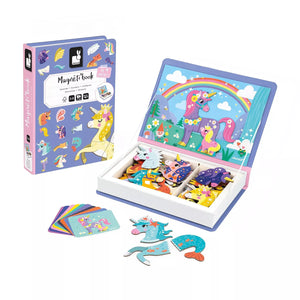 Janod Magnetibook Unicorn magnetic play set closed and open case with pieces and guide cards