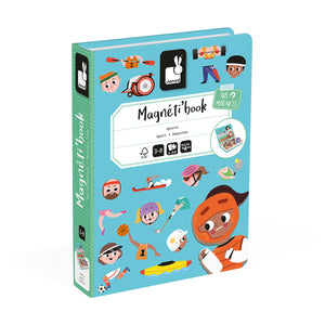 A colorful book-shaped box set of Janod magneti'books sports edition with various sports illustrations and text on the cover.