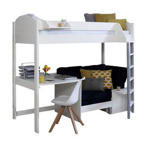 White high sleeper bed with integrated sofa and desk