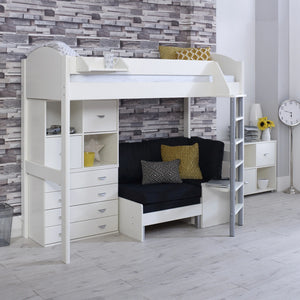 Kids loft bed with built-in furniture for complete bedroom setup.