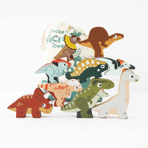 Wooden dinosaur stackers arranged in a balanced tower showcasing their vibrant colors and intricate details.