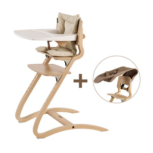 Leander Louie highchair with newborn seat, cushion, safety bar and tray.