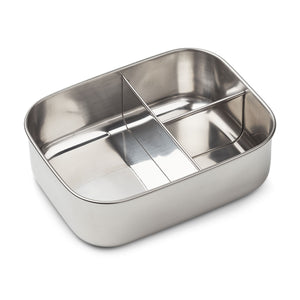 Open lunchbox showing three separate compartments for snacks and lunch.