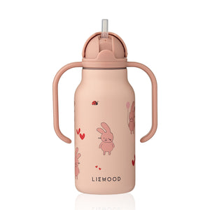 Front view of the rosey Liewood Kimmie water bottle showing the built-in pop-up straw in the open position.