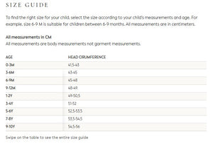 Size chart Liewood Cecilia Swim Hat UV 40+ Neck Protection