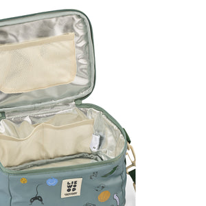 A close-up view of the play dusty peppermint lunch bag zipped wide open, showcasing the empty, reflective silver thermal lining and an elastic mesh storage pocket inside the lid.