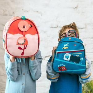 Kids showing recycled PET school backpack