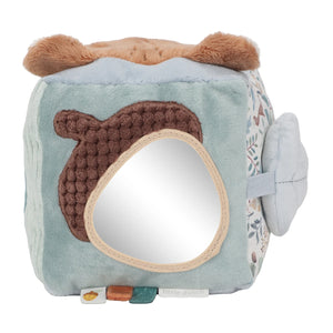 Soft baby toy cube with a rattle, mirror, and various touchable surfaces for sensory play.