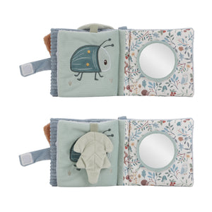Colorful fabric booklet with cute animal illustrations, textured pages and mirror for sensory play.