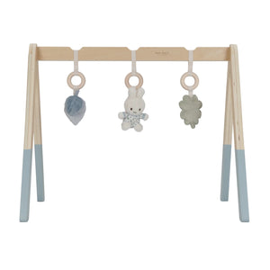 Miffy baby gym in blue with three soft hanging toys on wooden frame
