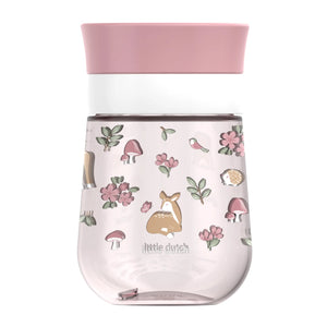 A clear Little Dutch 300ml 360-degree drinking cup with a light pink top rim, featuring a woodland animal "fairy garden" design on the main body.