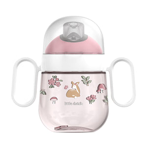 Front view of the Little Dutch 200ml antileak spout cup featuring the pink Fairy Garden woodland design, light pink lid, and white handles on a white background.