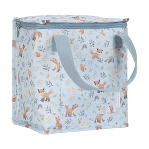 Little Dutch insulated blue cooler bag featuring a Forest Friends animal pattern and sturdy carrying handles.