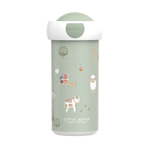 Front view of the Little Dutch Mepal school beaker in the little farm design, featuring farm animal illustrations and a white lid, on a solid white background.