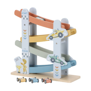 A blue transport-themed version of the wooden ramp racer toy
with small wooden cars at the base.