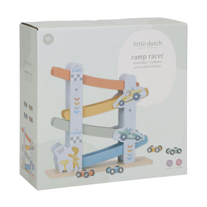 The product packaging box for the blue transport-themed Little Dutch Ramp Racer toy.