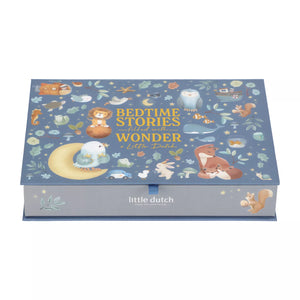 The 'Bedtime Stories' book by Little Dutch is shown in its illustrated hardcover box. The cover is a dusty blue with whimsical woodland illustrations of animals like a bear, fox, owl, and rabbit, along with the title in gold lettering.