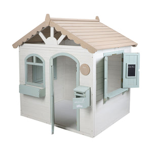 Children's playhouse with beige roof and light blue doors and windows on a white background