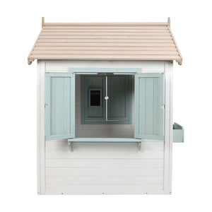 Small white playhouse with a beige roof on a white background