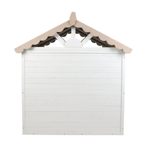 White storage shed with a beige roof on a white background