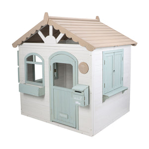 Children's playhouse with beige roof and light blue doors and windows on a white background